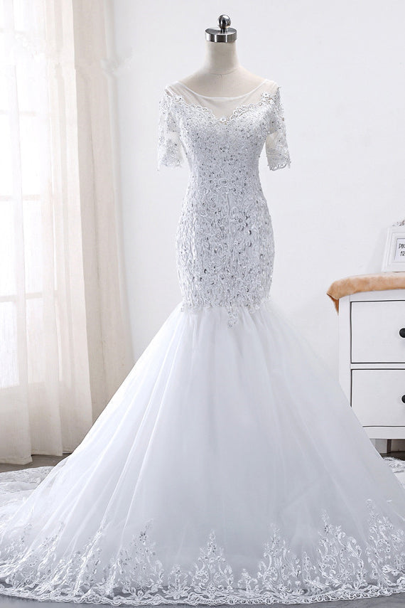 Glamorous Jewel Tulle Lace Wedding Dress Mermaid Short Sleeves Beading Bridal Gowns