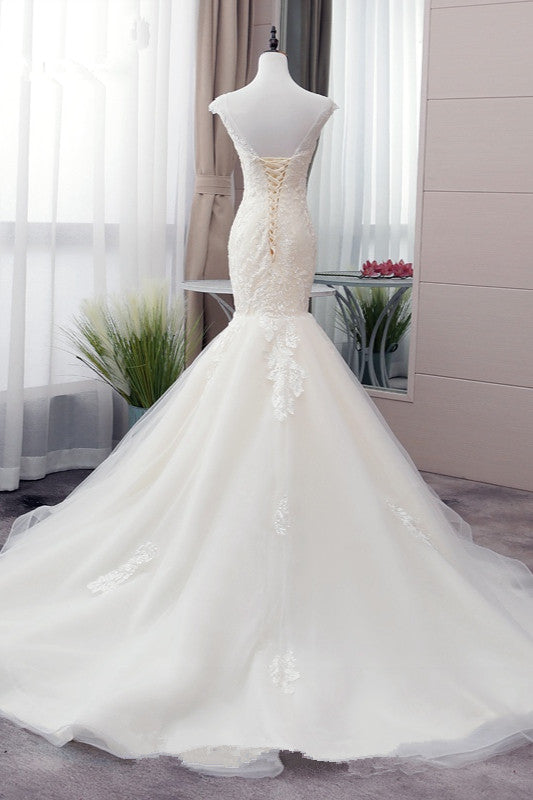 Glamorous Jewel Tulle Mermaid Iovry Wedding Dress Lace Appliques Sleeveless Bridal Gowns On Sale