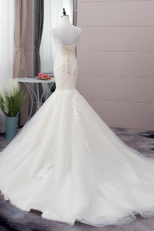 Glamorous Jewel Tulle Mermaid Iovry Wedding Dress Lace Appliques Sleeveless Bridal Gowns On Sale