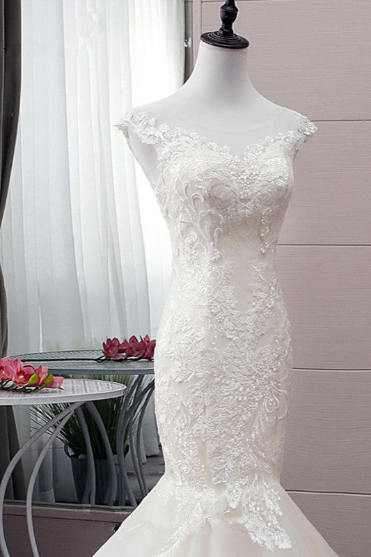 Glamorous Jewel Tulle Mermaid Iovry Wedding Dress Lace Appliques Sleeveless Bridal Gowns On Sale