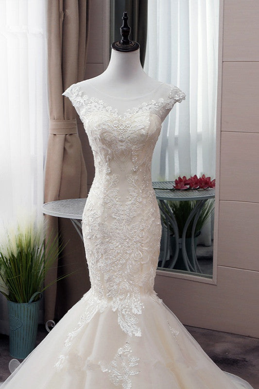 Glamorous Jewel Tulle Mermaid Iovry Wedding Dress Lace Appliques Sleeveless Bridal Gowns On Sale