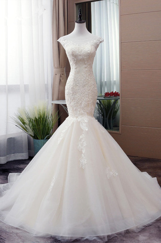 Glamorous Jewel Tulle Mermaid Iovry Wedding Dress Lace Appliques Sleeveless Bridal Gowns On Sale