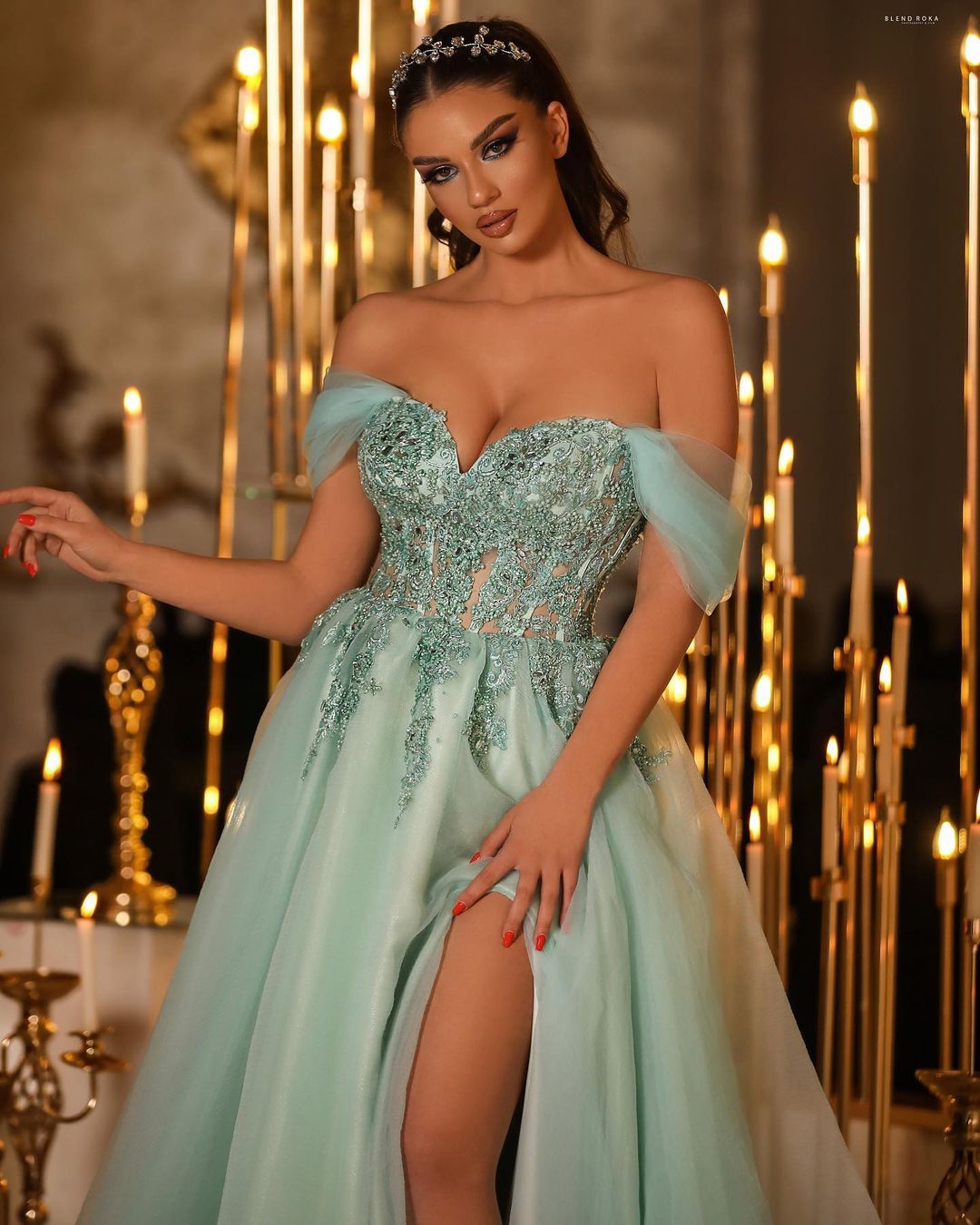 Glamorous Long A-line Off-Shoulder Lace Prom Dress with Beautiful Beading and a Slit