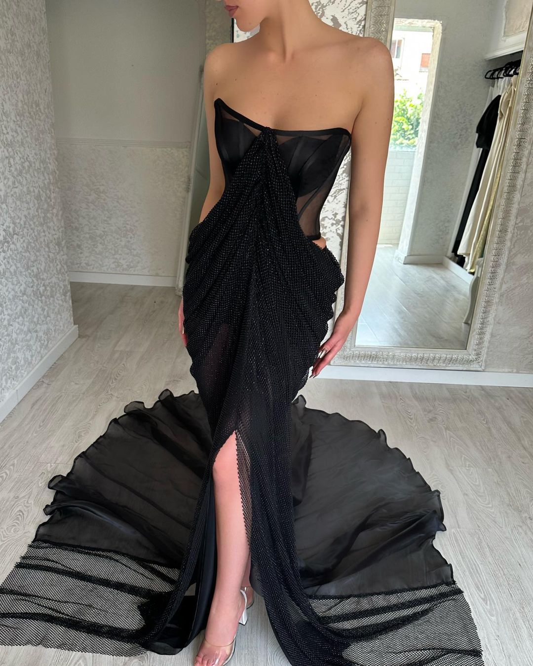 Glamorous Long Black Strapless Front-Split Prom Dress