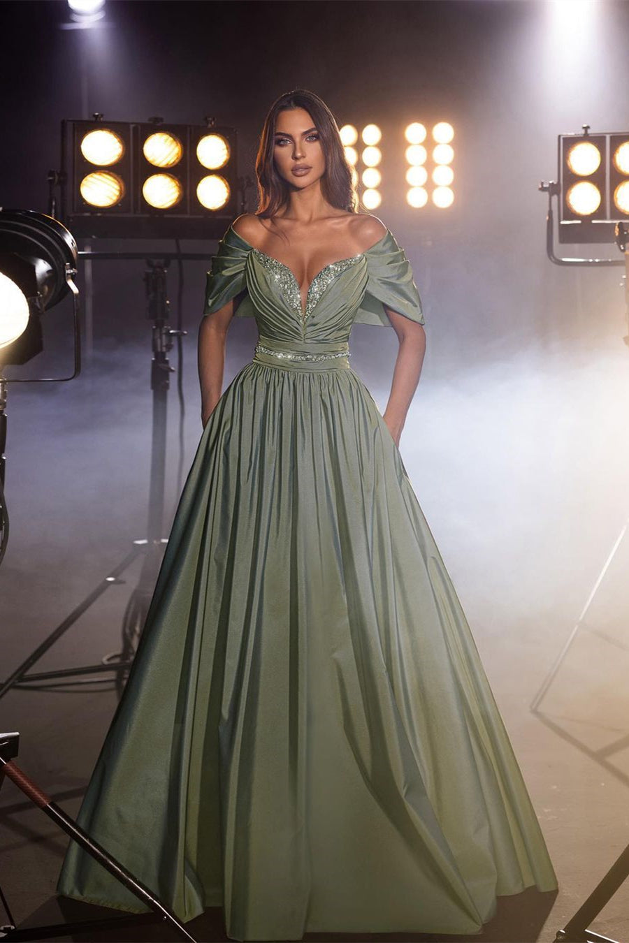 Glamorous Long Dusty Sage A-line Off-the-Shoulder Evening Dress with Beading and Sequins