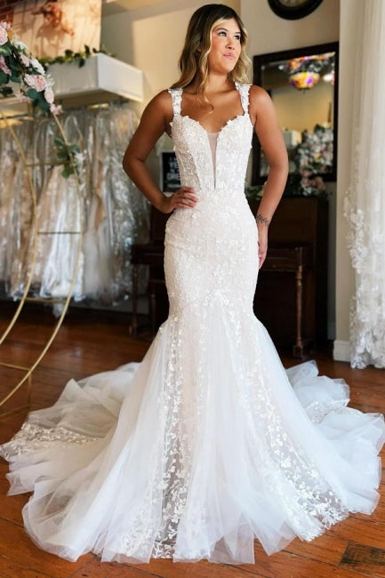 Glamorous Long Mermaid Off-the-Shoulder Lacy Sleeveless Wedding Dress with Elegant Train