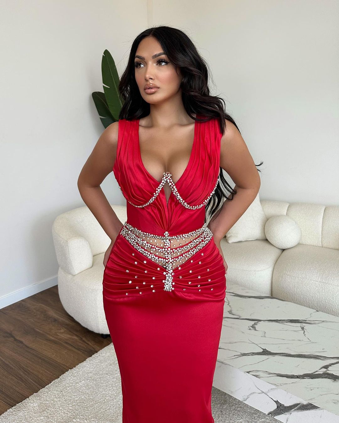 Radiant Long Mermaid V-neck Rhinestone Sleeveless Prom Dress