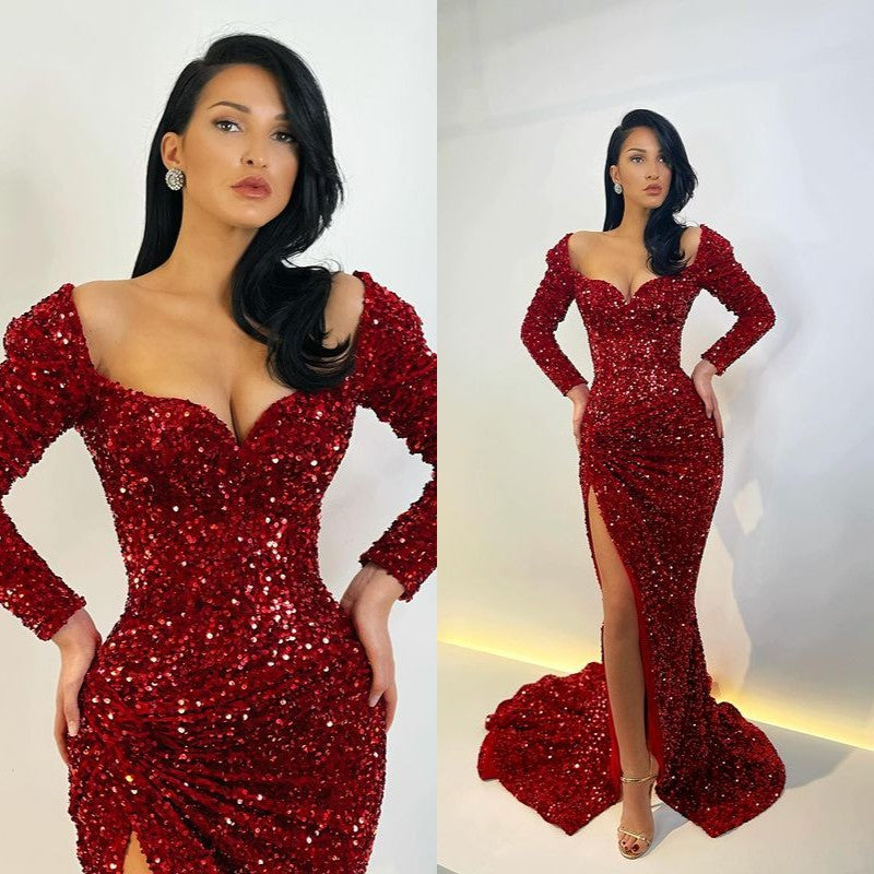 Glamorous Long Sleeves Sequins Mermaid Evening Gowns Split Prom Dresses