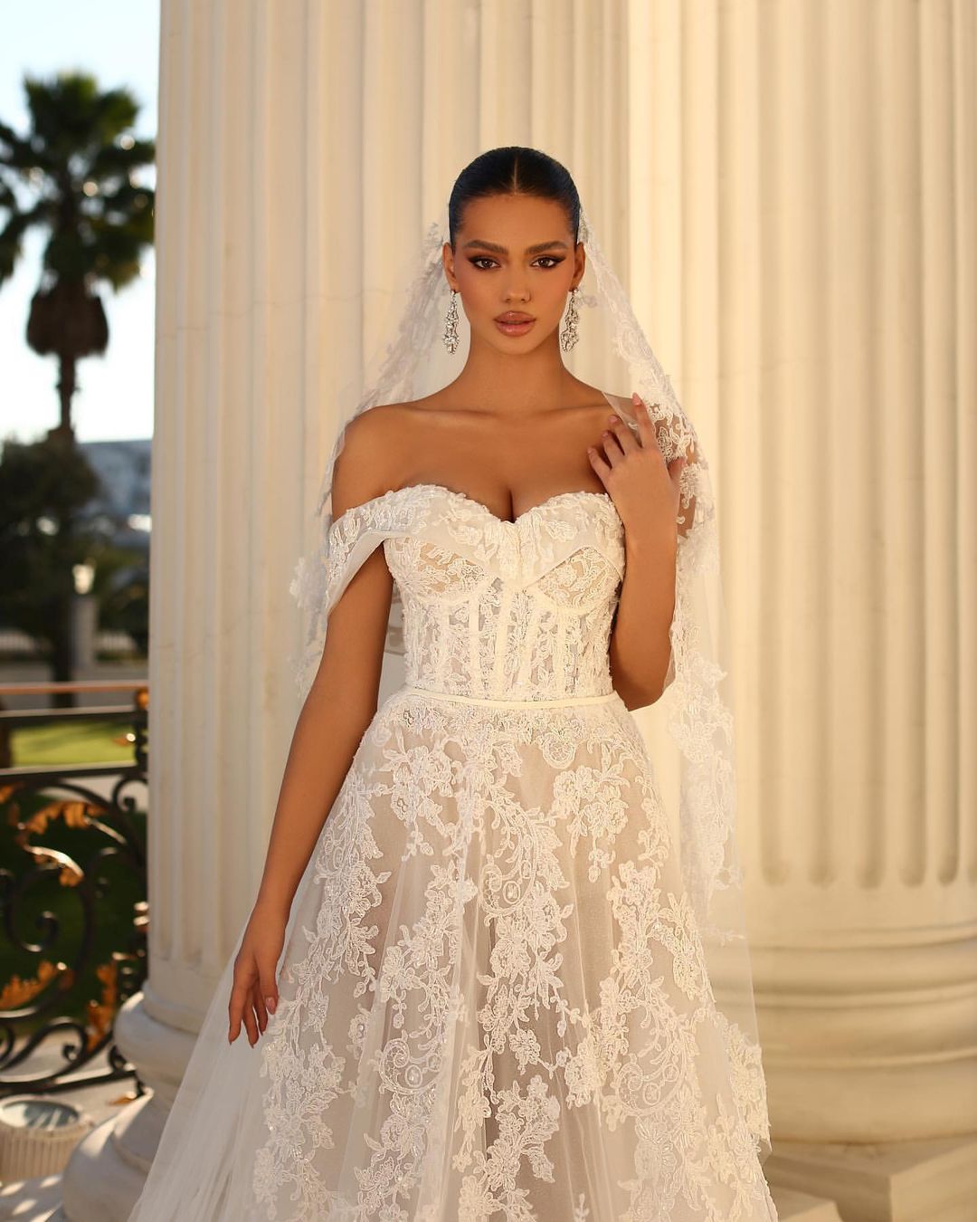 Glamorous Long White A-line Off-Shoulder Lace Wedding Dress with Elegant Details