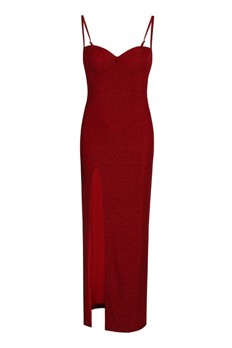 Glamorous Lurex Sweetheart Spaghetti Strap High Slit Formal Maxi Dress