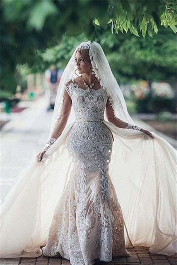 Glamorous Mermaid Long Sleevess Lace Wedding Dresses Scoop Appliques Detachable Skirt Bridal Gowns