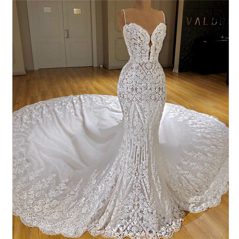 Glamorous Mermaid White Lace Wedding Dresses With Appliques Spaghetti Straps  Bridal Gowns