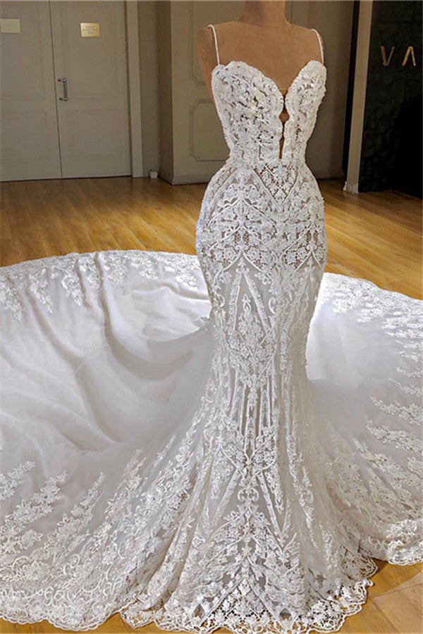 Glamorous Mermaid White Lace Wedding Dresses With Appliques Spaghetti Straps  Bridal Gowns