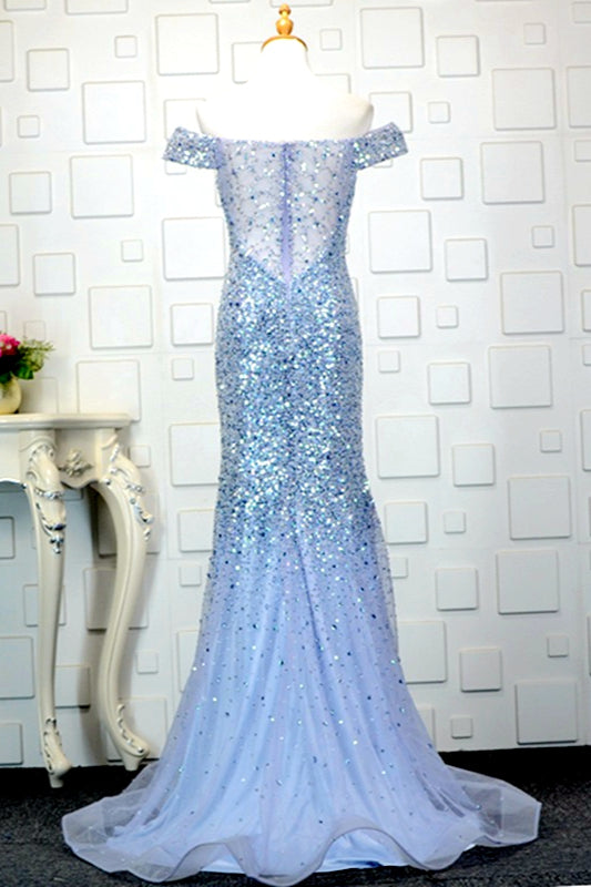 Glamorous Off-the-Shoulder Blue Mermaid Prom Dresses with Rhinestones On Sale