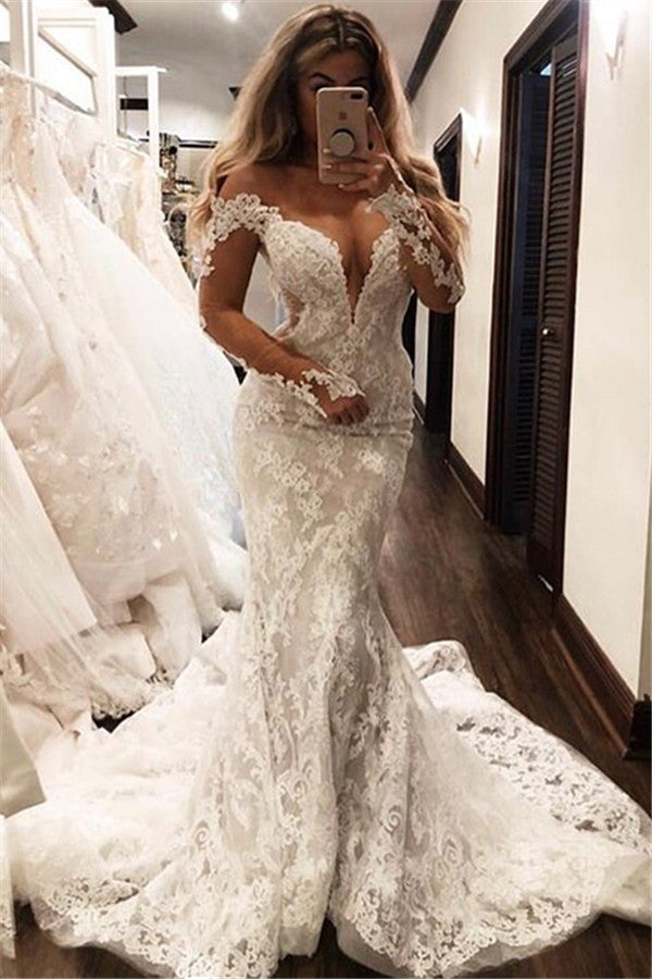 Glamorous Off the Shoulder Long Sleevess V Neck Appliques Mermaid Floor Length Wedding Dresses