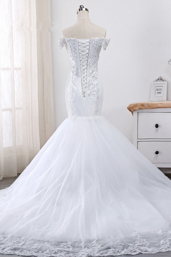 Glamorous Off-the-Shoulder Short Sleeves Wedding Dress Sweetheart Mermaid Tulle Appliques Beadings Bridal Gowns On Sale