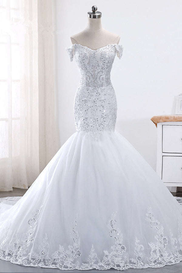 Glamorous Off-the-Shoulder Short Sleeves Wedding Dress Sweetheart Mermaid Tulle Appliques Beadings Bridal Gowns On Sale