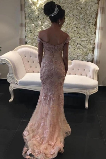 Glamorous Pink Off-the-shouder Prom Dresses Glitter Lace Mermaid Evening Gowns