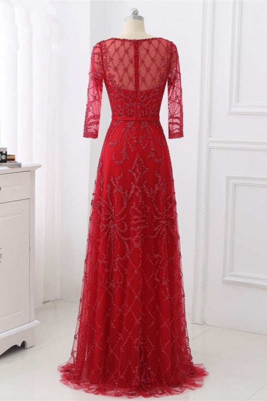 Glamorous Red Tulle Jewel Appliques Prom Dresses Long Sleeves with Rhinestones On Sale