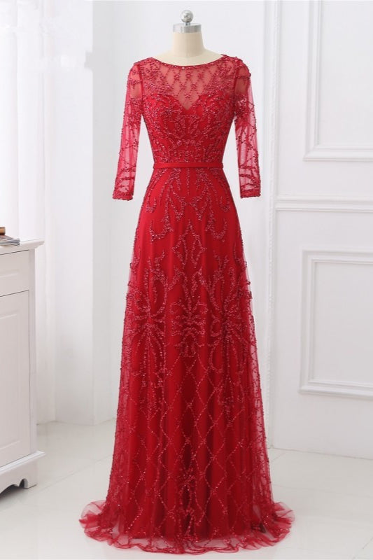 Glamorous Red Tulle Jewel Appliques Prom Dresses Long Sleeves with Rhinestones On Sale