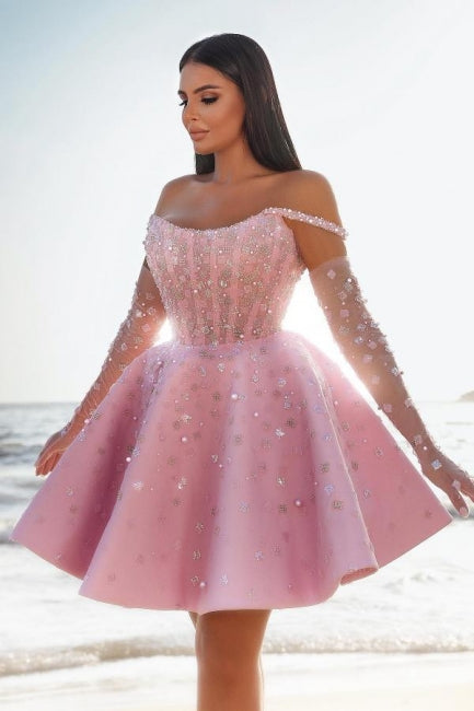 Glamorous Short Pink Cocktail Dress Off-the-shoulder Glittery Prom Dress with Lace Details