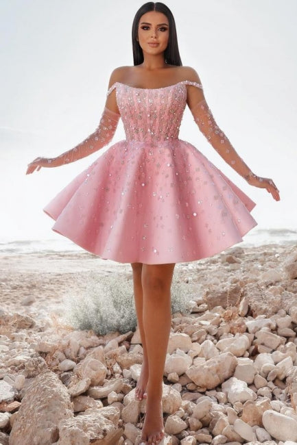 Glamorous Short Pink Cocktail Dress Off-the-shoulder Glittery Prom Dress with Lace Details