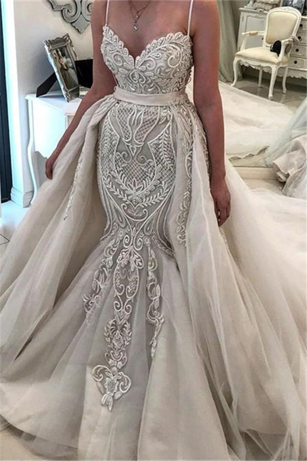 Glamorous Spaghetti Sreaps Lace Wedding Dress Ruffless Overskirt Bridal Gowns