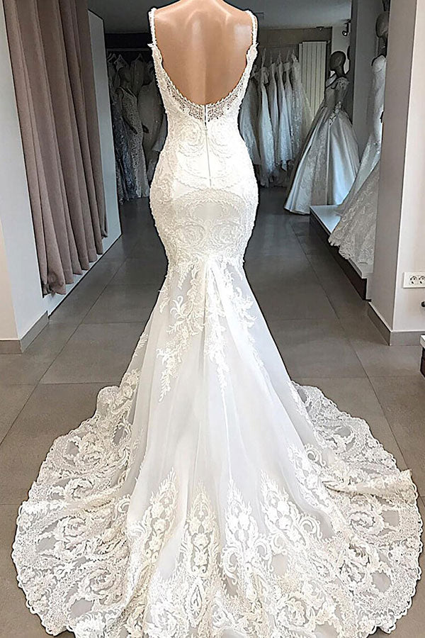 Glamorous Spaghetti Straps Ivory Mermaid Wedding Dresses With Appliques Sleeveless Lace Bridal Gowns On Sale