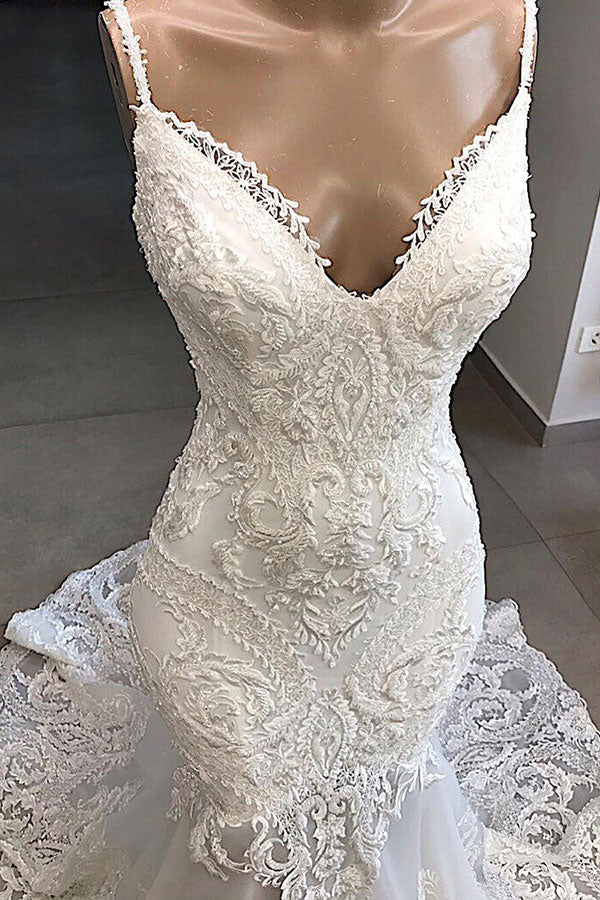 Glamorous Spaghetti Straps Ivory Mermaid Wedding Dresses With Appliques Sleeveless Lace Bridal Gowns On Sale