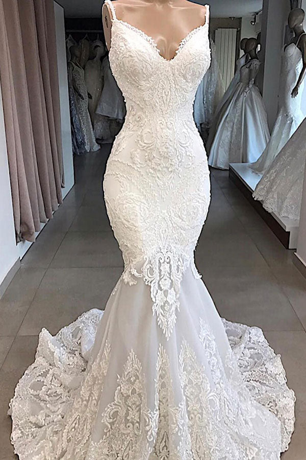 Glamorous Spaghetti Straps Ivory Mermaid Wedding Dresses With Appliques Sleeveless Lace Bridal Gowns On Sale