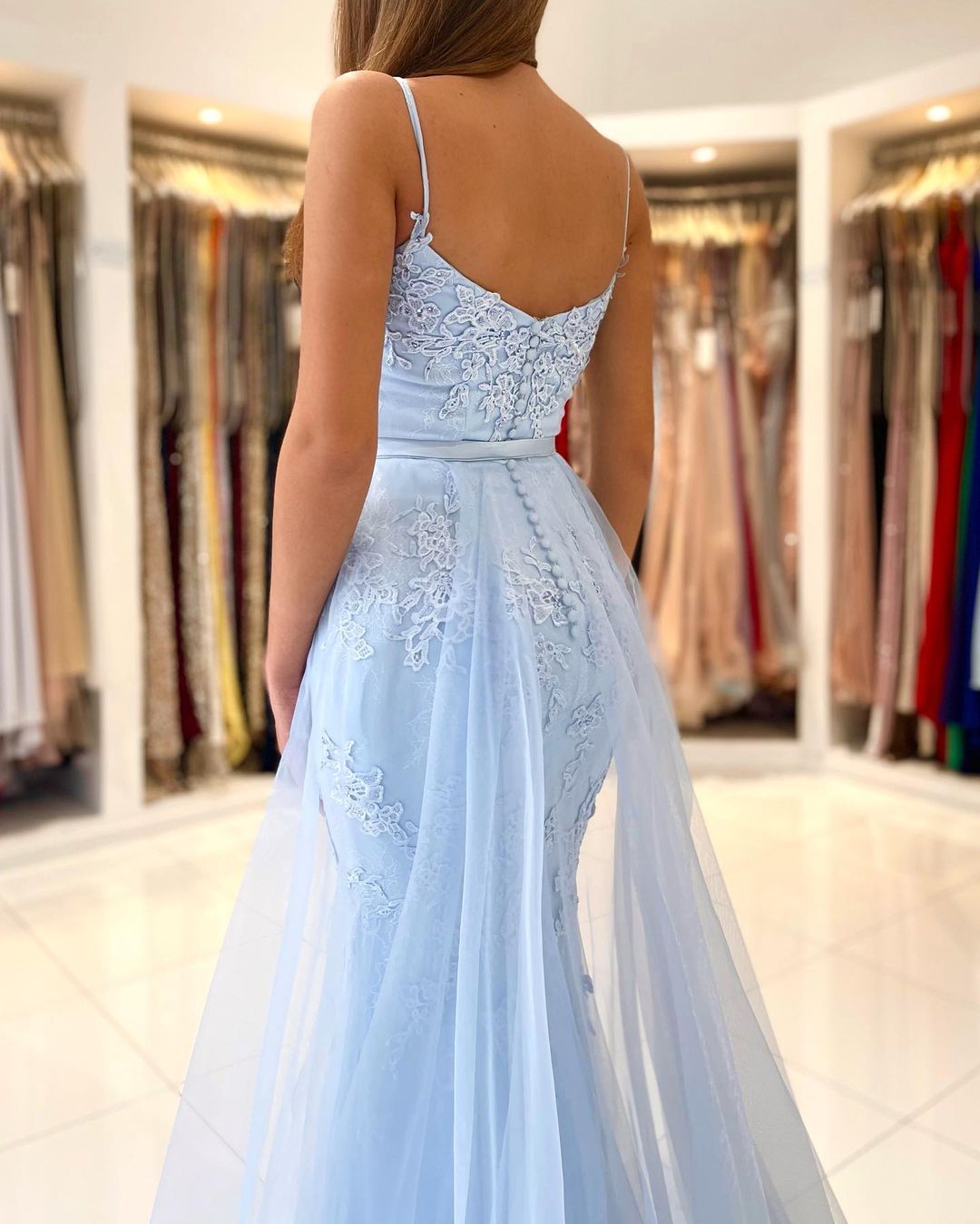 Glamorous Spaghetti-Straps Mermaid Evening Dress With Lace Appliques Ruffles