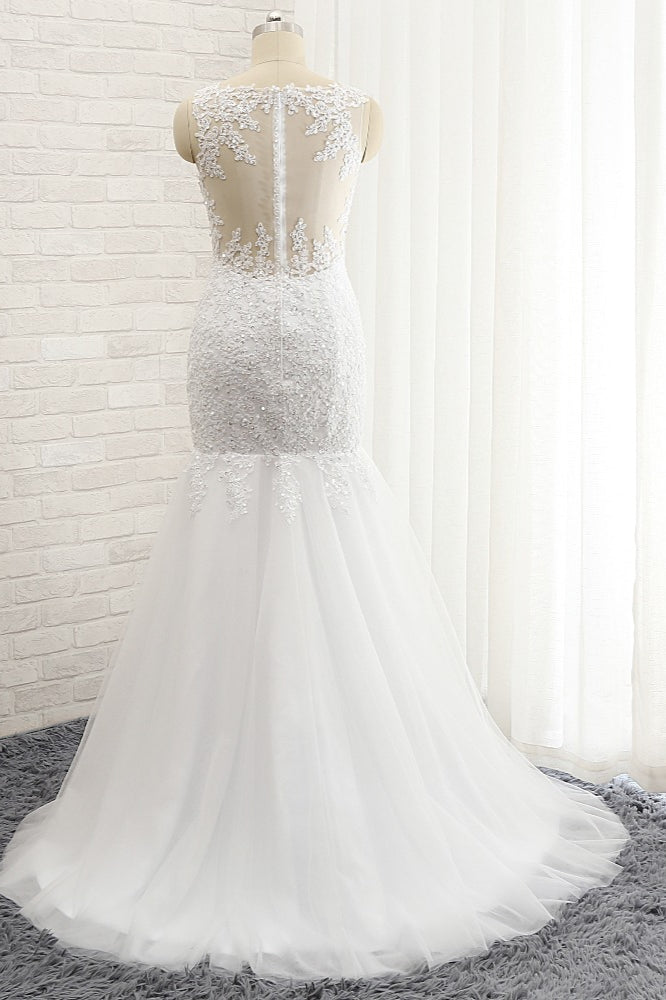 Glamorous Strapless Sweetheart Lace Mermaid Wedding Dress White Tulle Appliques Bridal Gowns