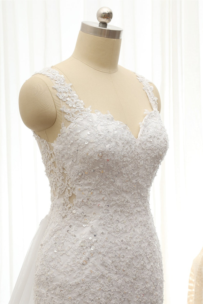 Glamorous Strapless Sweetheart Lace Mermaid Wedding Dress White Tulle Appliques Bridal Gowns