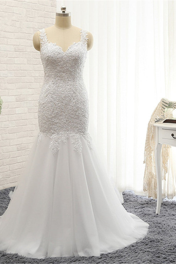 Glamorous Strapless Sweetheart Lace Mermaid Wedding Dress White Tulle Appliques Bridal Gowns