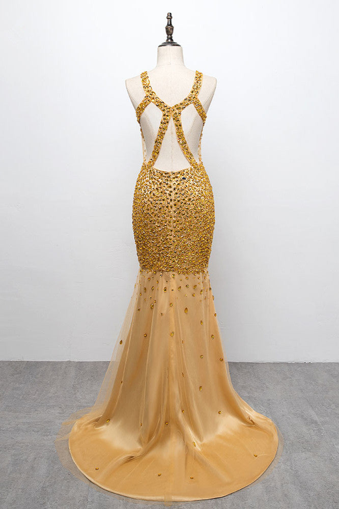 Glamorous Straps V-Neck Gold Mermaid Prom Dresses with Beadings