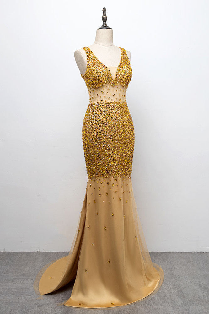 Glamorous Straps V-Neck Gold Mermaid Prom Dresses with Beadings