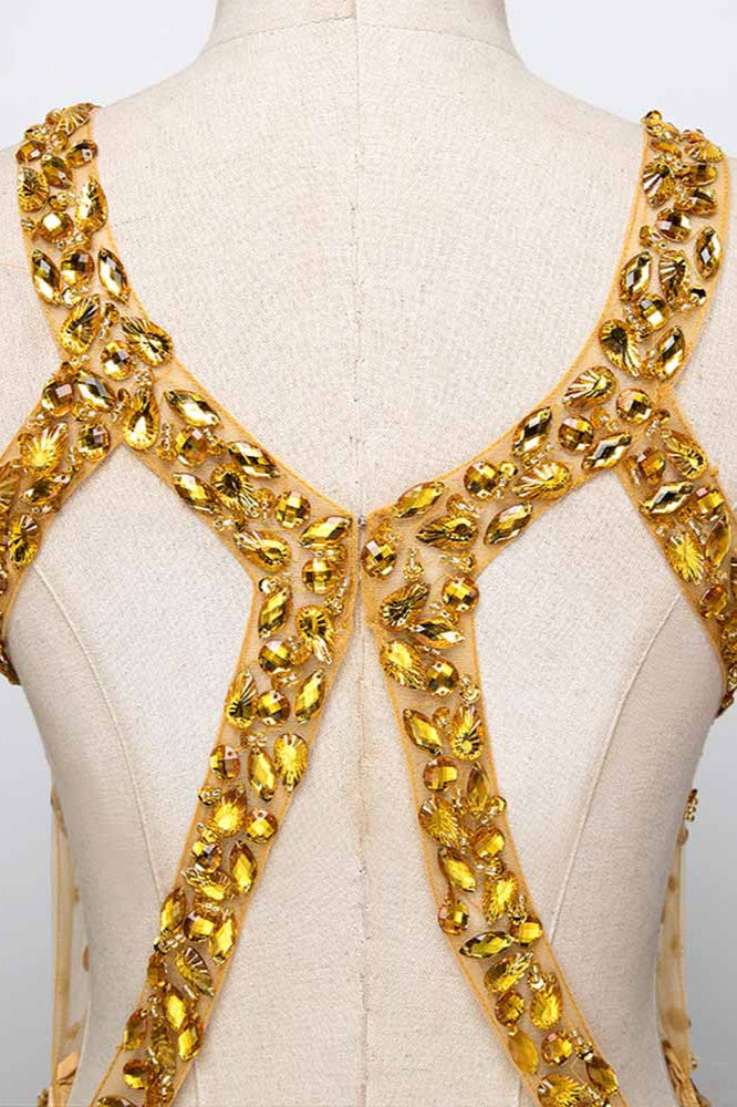 Glamorous Straps V-Neck Gold Mermaid Prom Dresses with Beadings