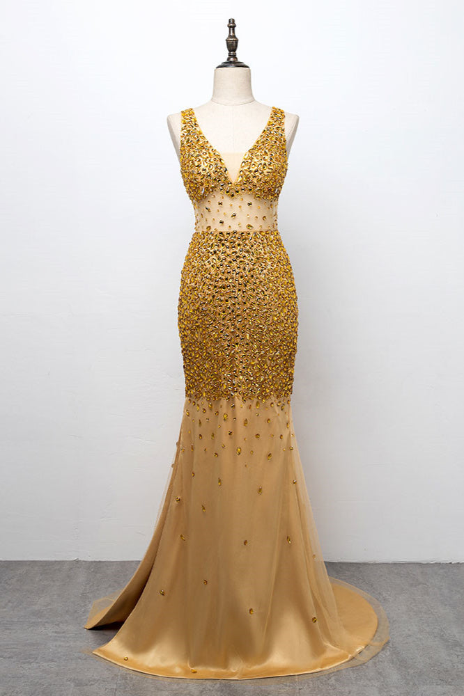 Glamorous Straps V-Neck Gold Mermaid Prom Dresses with Beadings