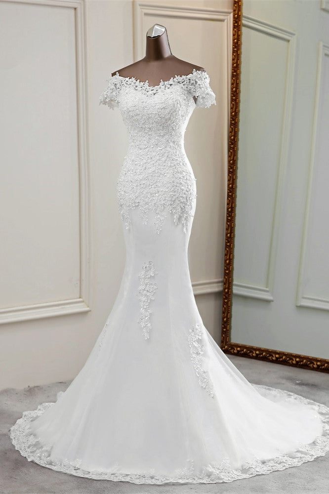 Glamorous Sweetheart Lace Beading Wedding Dresses Short Sleeves Appliques Mermaid Bridal Gowns