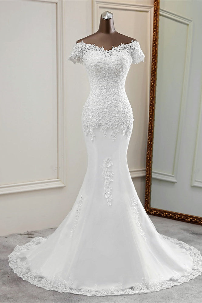 Glamorous Sweetheart Lace Beading Wedding Dresses Short Sleeves Appliques Mermaid Bridal Gowns