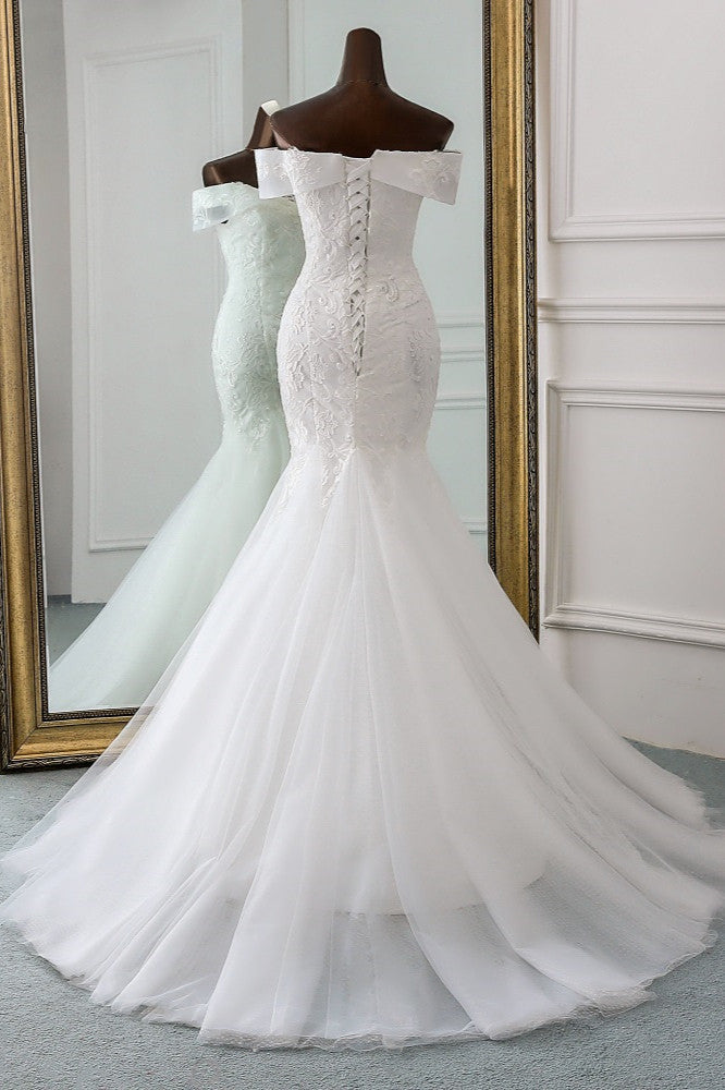 Glamorous Tulle Lace Off-the-Shoulder White Mermaid Wedding Dresses