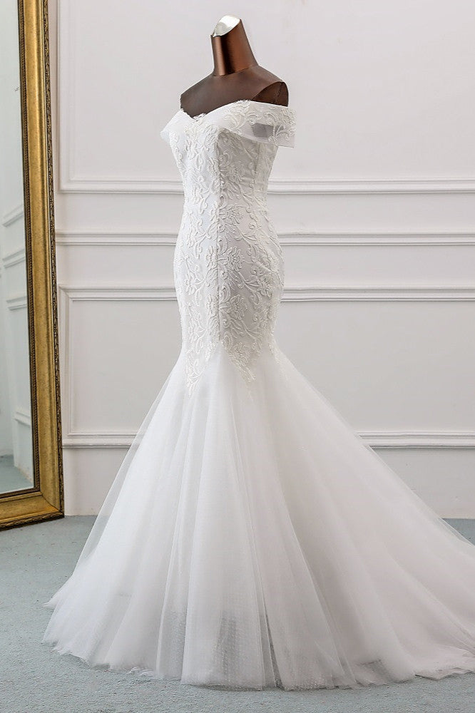 Glamorous Tulle Lace Off-the-Shoulder White Mermaid Wedding Dresses