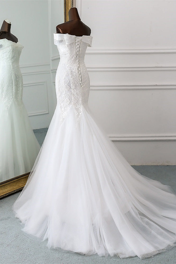 Glamorous Tulle Lace Off-the-Shoulder White Mermaid Wedding Dresses