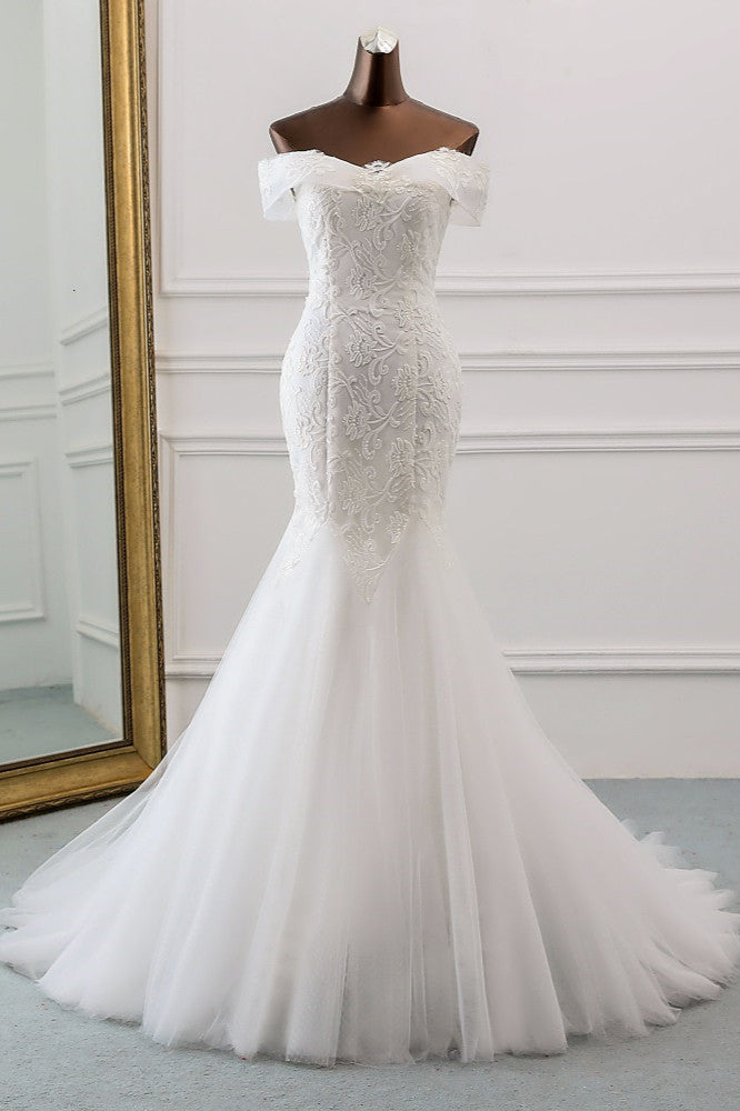 Glamorous Tulle Lace Off-the-Shoulder White Mermaid Wedding Dresses