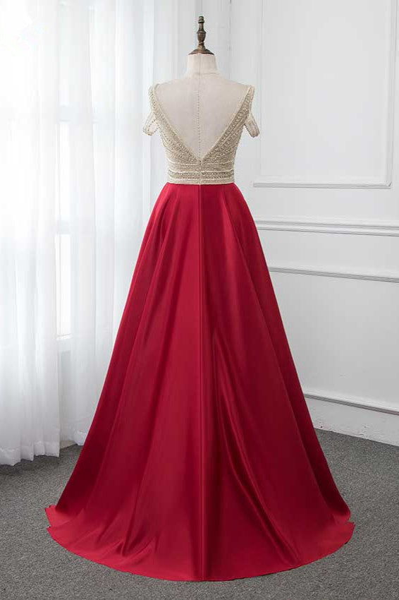 Glamorous V-Neck Rhinestone Burgundy Mermaid Prom Dresses with Cold Sleeves