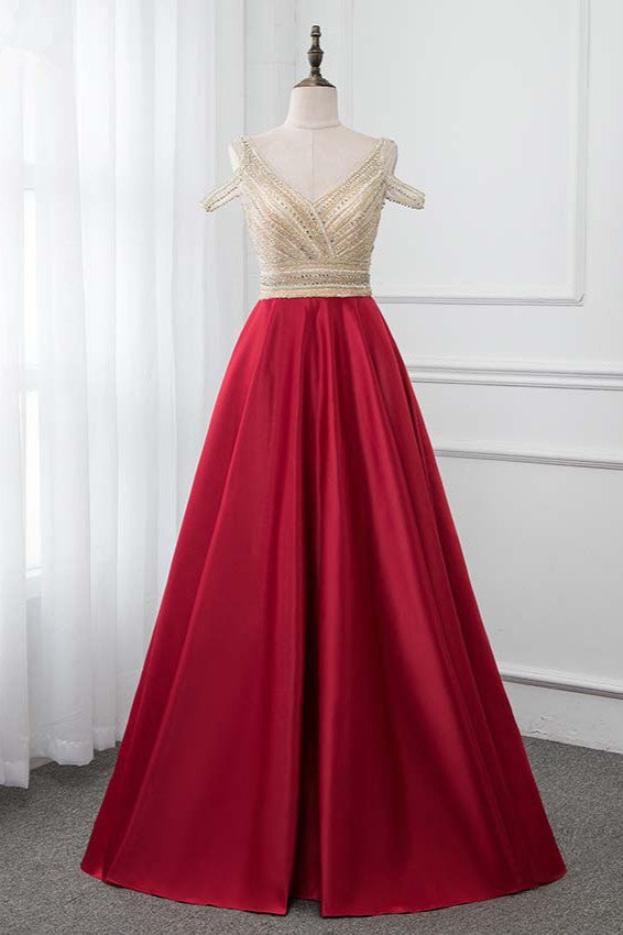 Glamorous V-Neck Rhinestone Burgundy Mermaid Prom Dresses with Cold Sleeves