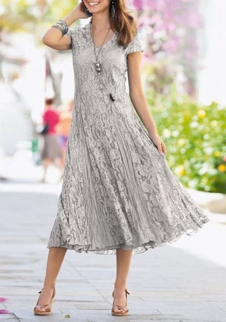 Glamorous V-Neck Short Sleeves A-Line Lace Mother of the Bride Dress