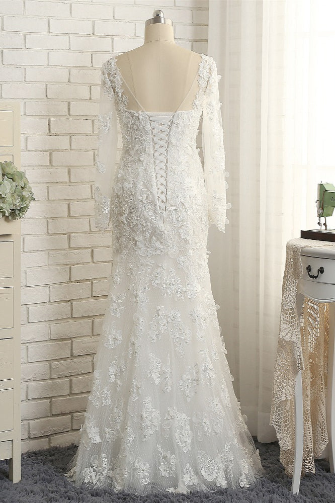 Glamorous White Mermaid Lace Wedding Dresses With Appliques Longsleeves Jewel Bridal Gowns On Sale