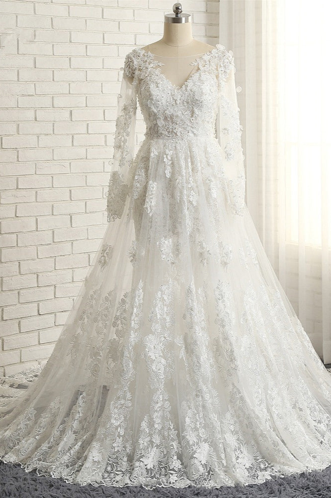 Glamorous White Mermaid Lace Wedding Dresses With Appliques Longsleeves Jewel Bridal Gowns On Sale