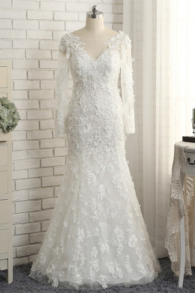 Glamorous White Mermaid Lace Wedding Dresses With Appliques Longsleeves Jewel Bridal Gowns On Sale